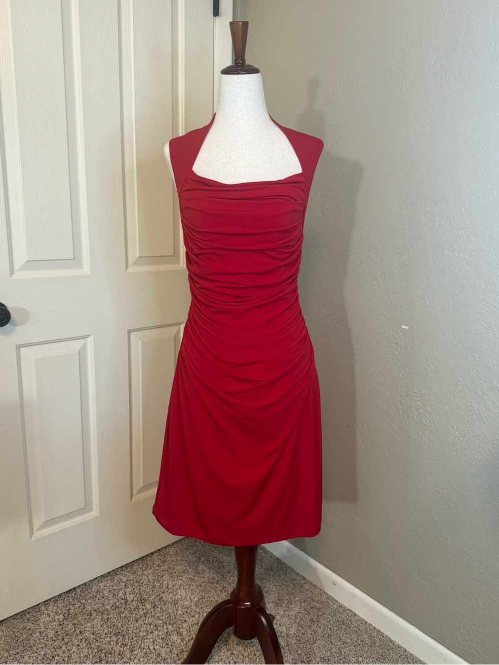 Spense Red Ruched Halter Midi Dress